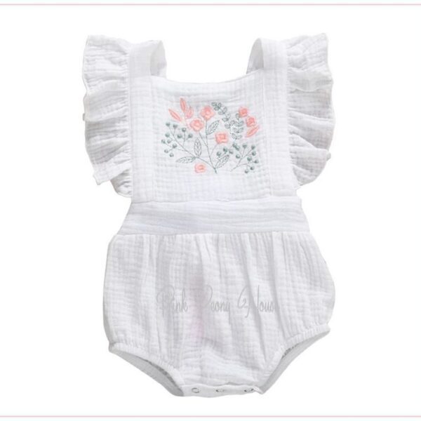 White Floral Embroidered Flutter Bubble Romper Outfit-12m 24m